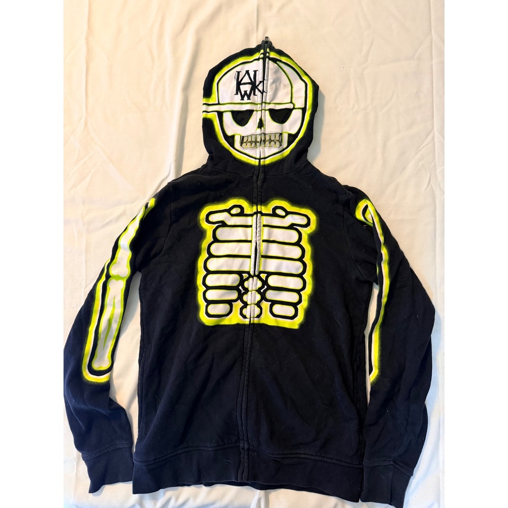 Tony Hawk Men XL Black Skeleton Full Zip Hoodie Neon Yellow Skull Graphic Fleece